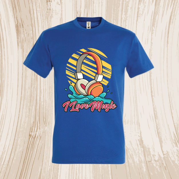 Tricou albastru 100% bumbac cu grafică caști audio on-ear Tricou barbati I Love Music