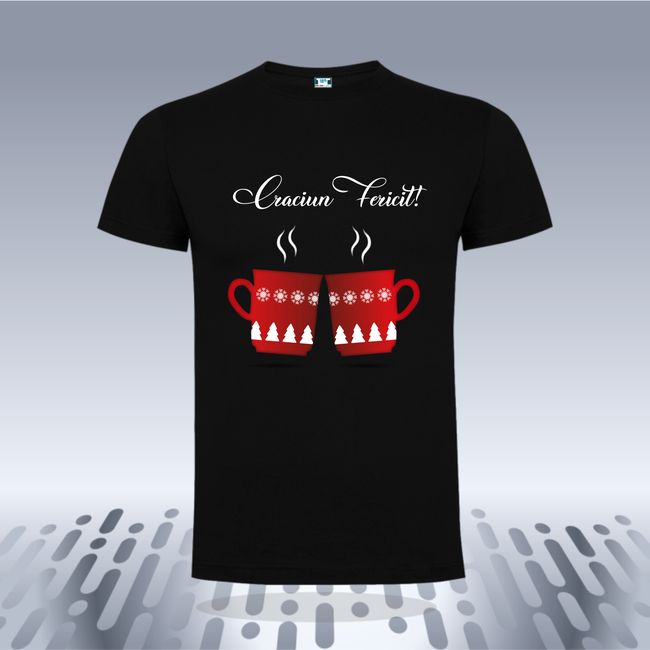 Tricou negru pentru bărbați cu grafică de Crăciun și mesajul: Craciun Fericit! Tricou negru cani de craciun