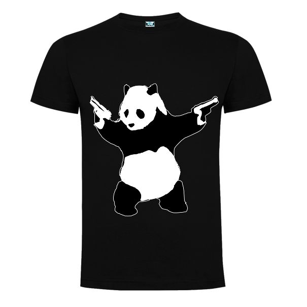 Tricou negru personalizat cu imaginea unui panda cu două pistoale
