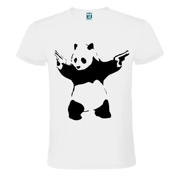 Tricou alb personalizat cu imaginea unui panda cu două pistoale