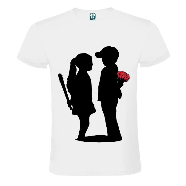 Tricou alb personalizat cu lucrarea lui Banksy - Boy meets girl