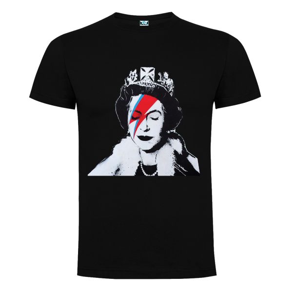 Tricou negru imprimat cu Regina Angliei machiata ca David Bowie