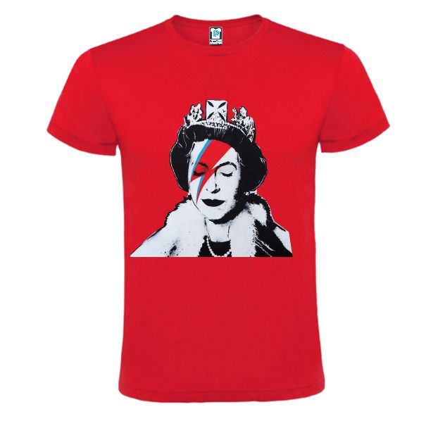 Tricou roșu imprimat cu Regina Angliei machiata ca David Bowie