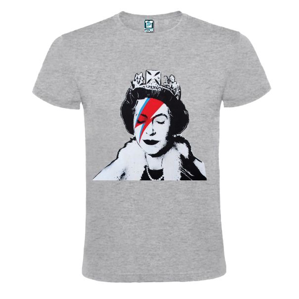 Tricou gri imprimat cu Regina Angliei machiata ca David Bowie