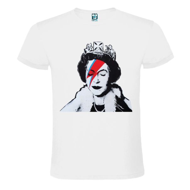 Tricou alb imprimat cu Regina Angliei machiata ca David Bowie