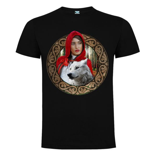 Tricou negru cu grafică fantezie: Scufița roșie