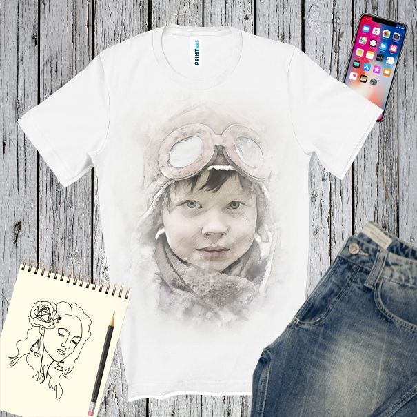 Tricou alb imprimat cu portret: Micul aviator