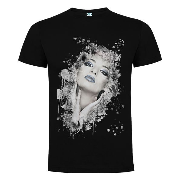 Tricouri cu portrete realiste sau fanteziste în tonuri de gri sau colorate Tricou negru cu grafică - Portret de femeie ci buze albastre
