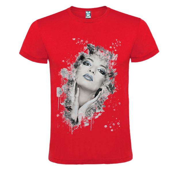 Tricouri cu portrete realiste sau fanteziste în tonuri de gri sau colorate Tricou roșu cu grafică - Portret de femeie ci buze albastre