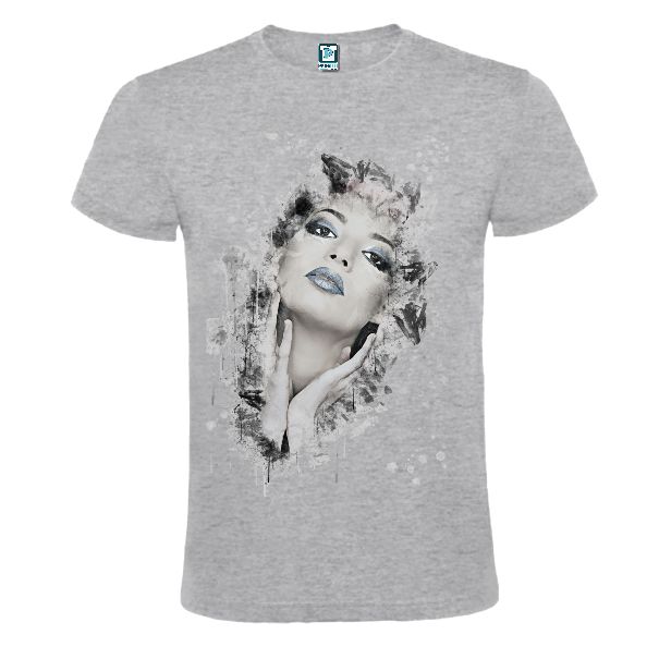 Tricouri cu portrete realiste sau fanteziste în tonuri de gri sau colorate Tricou gri cu grafică - Portret de femeie ci buze albastre
