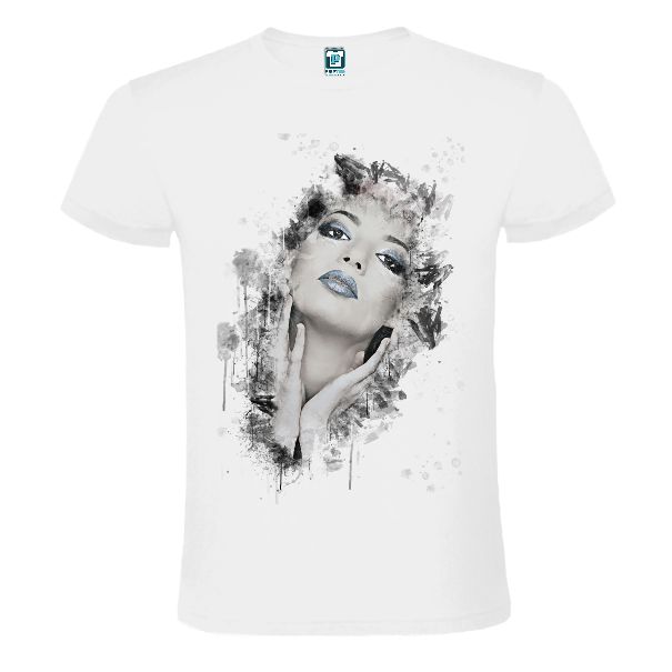Tricouri cu portrete realiste sau fanteziste în tonuri de gri sau colorate Tricou alb cu grafică - Portret de femeie ci buze albastre