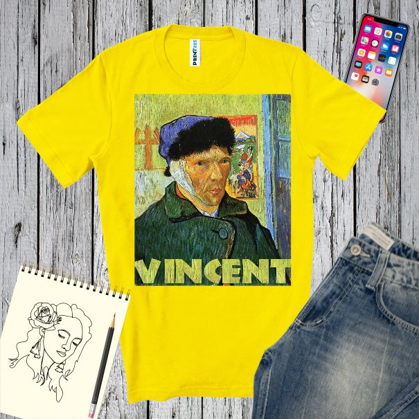 Yeliow tee shirt mockup with Van Gogh painting