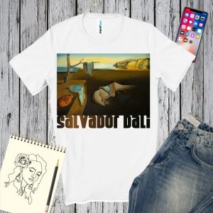 Tricou alb în decor imprimat cu tabloul Persistenta memoriei de Dali