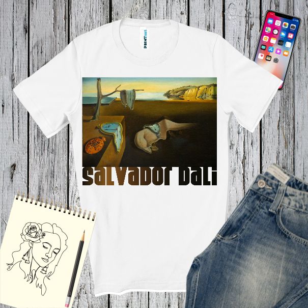 Tricou alb în decor imprimat cu tabloul Persistenta memoriei de Dali