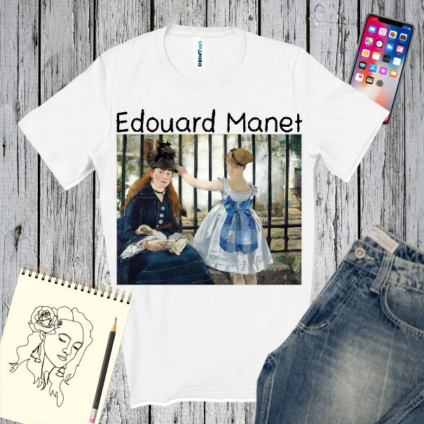 Tricou alb imprimat cu reproducere tablou Cale Ferată de Edouard Manet