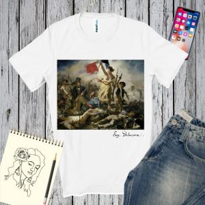 Tricou alb personalizat cu reproducere tablou Eugene Delacroix_Libertatea conducand poporul