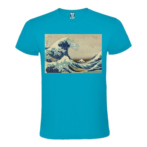 Tricou albastru atol pentru bărbați imprimat pe piept cu reproducere după tabloul Marele val de Hokusai
