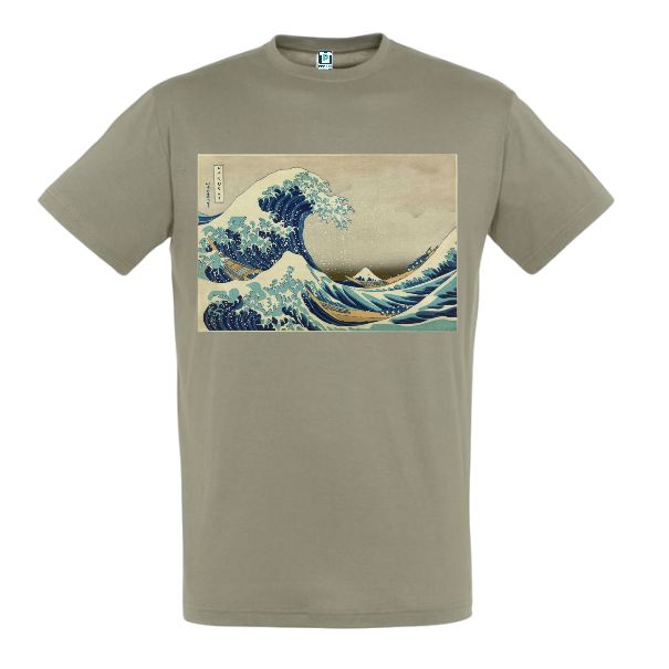 Tricou verde militar pentru bărbați imprimat pe piept cu reproducere după tabloul Marele val de Hokusai