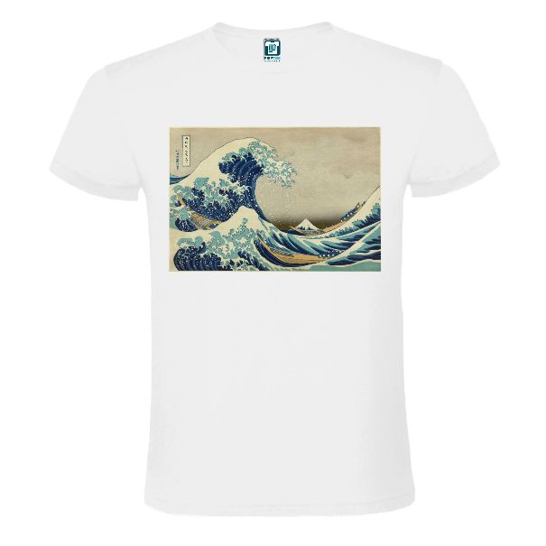 Tricou alb pentru bărbați imprimat pe piept cu reproducere după tabloul Marele val de Hokusai