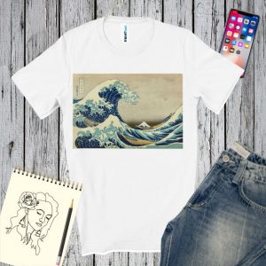Tricou alb pentru bărbați imprimat pe piept cu reproducere după tabloul Marele val de Hokusai