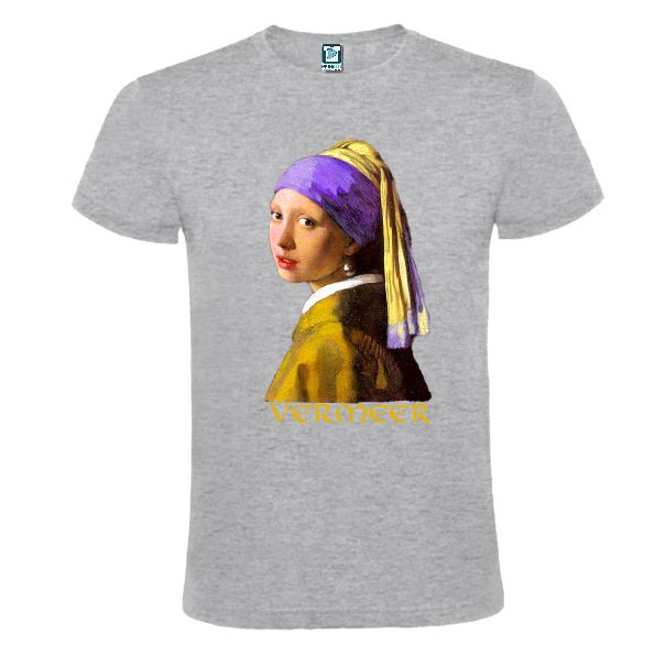 Tricou gri pe fond alb imprimat cu reproducere dupa Fata cu cercel de perla de Vermeer