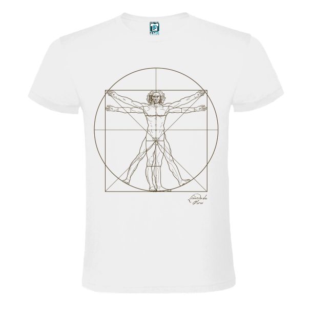 Triocu alb imprimat pe piept cu schita omului vitruvian
