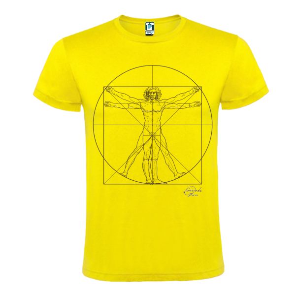 Tricou galben cu grafică pe piept Omul Vitruvian