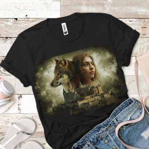 Tricou damă - Portret femeie cu un lup la castel
