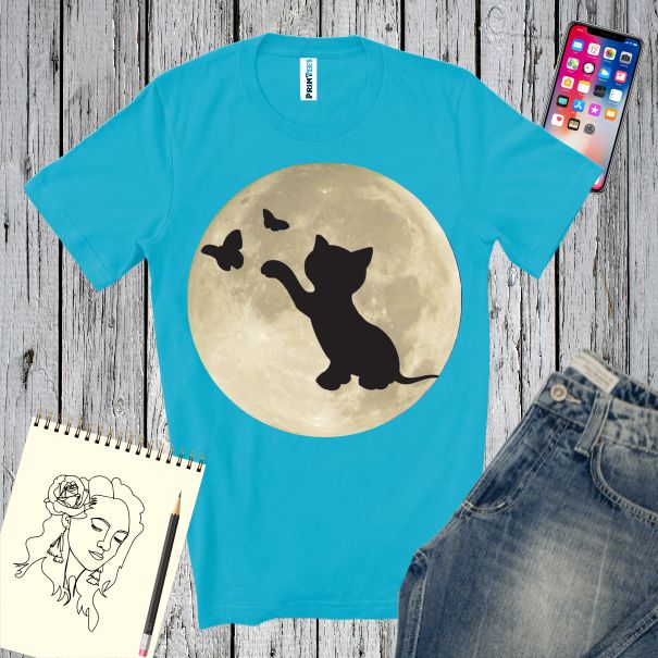 Tricouri barbati personalizate cu grafica MOTAN CU FLUTURI SUB LUNA Tricou barbati MOTAN CU FLUTURI SUB LUNA