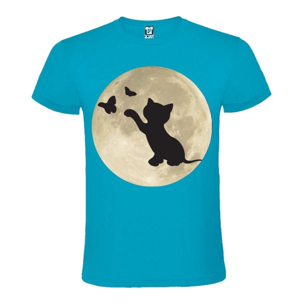Tricou albastru atol barbati personalizat cu grafica MOTAN CU FLUTURI SUB LUNA Tricou albastru atol barbati MOTAN CU FLUTURI SUB LUNA