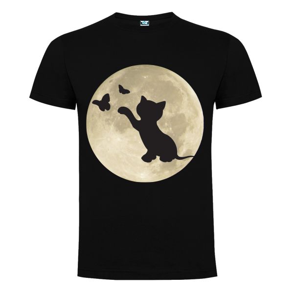 Tricou negru barbati personalizat cu grafica MOTAN CU FLUTURI SUB LUNA Tricou negru barbati MOTAN CU FLUTURI SUB LUNA