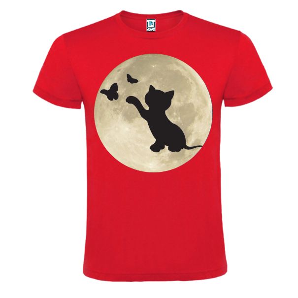 Tricou rosu barbati personalizat cu grafica MOTAN CU FLUTURI SUB LUNA Tricou rosu barbati MOTAN CU FLUTURI SUB LUNA