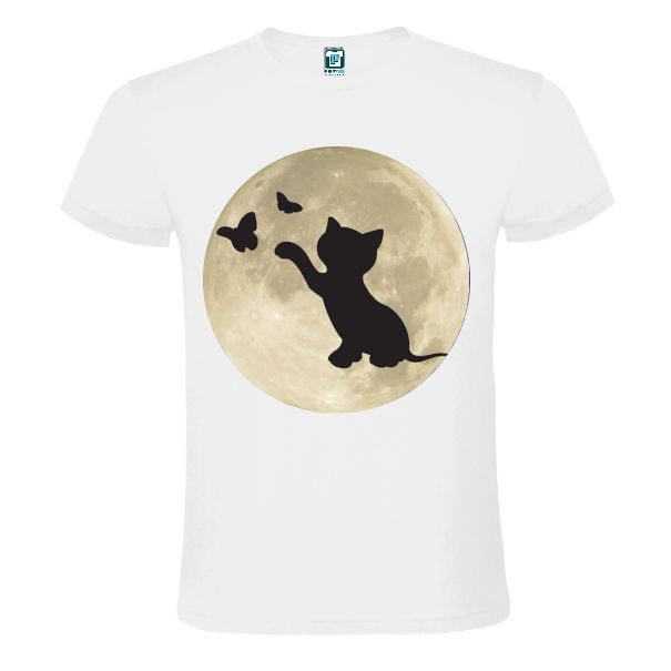 Tricou alb barbati personalizat cu grafica MOTAN CU FLUTURI SUB LUNA Tricou alb barbati MOTAN CU FLUTURI SUB LUNA