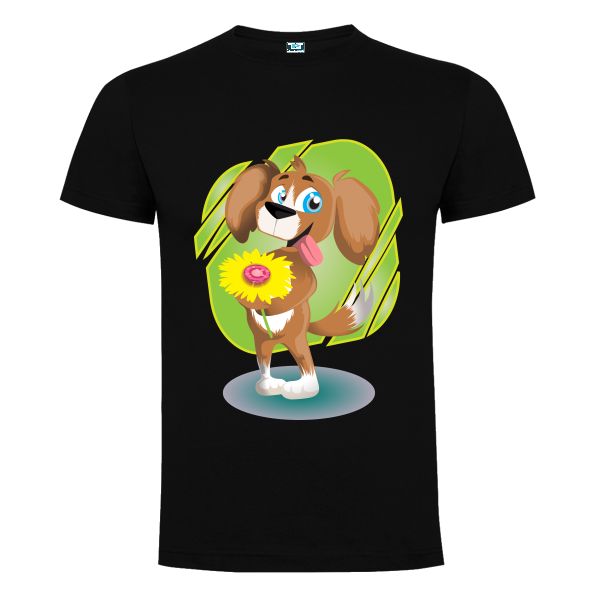 Tricou negru imprimat cu desen cu un Cățel fericit