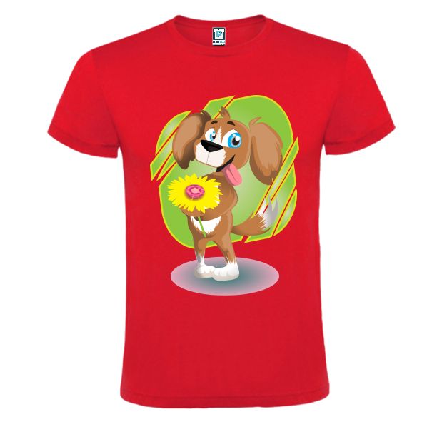 Tricou roșu imprimat cu desen cu un Cățel fericit