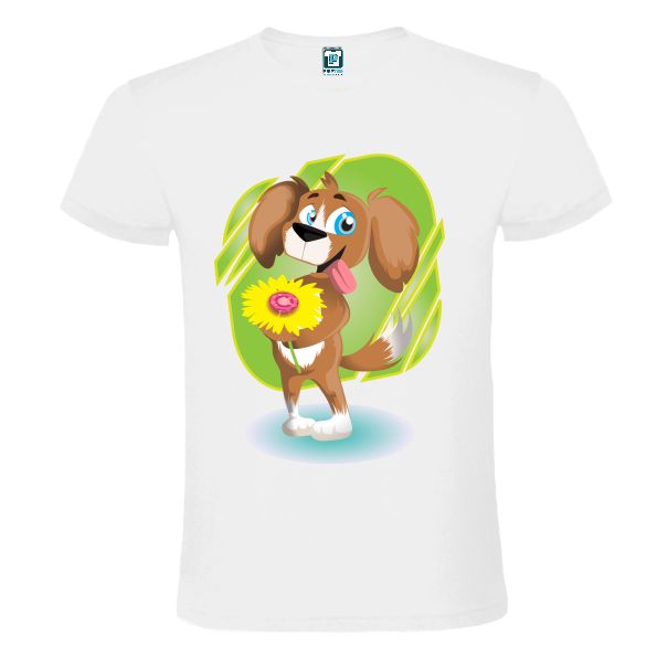 Tricou alb imprimat cu desen cu un Cățel fericit