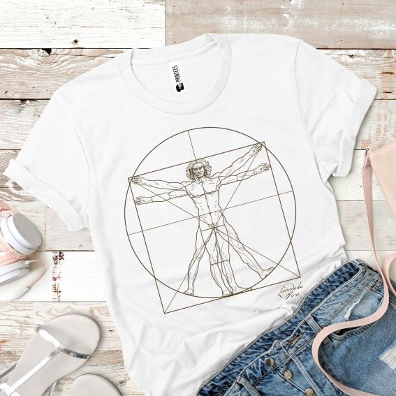 Tricou pentru damă imprimat cu schița Omul Vitruvian de Leonardo da Vinci Tricou alb pentru damă „Omul Vitruvian”