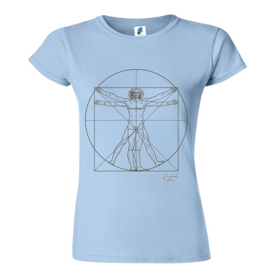 Tricou pentru damă imprimat cu schița Omul Vitruvian de Leonardo da Vinci Tricou albastru pentru damă „Omul Vitruvian”