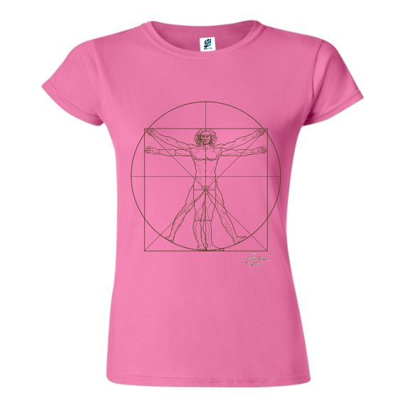 Tricou pentru damă imprimat cu schița Omul Vitruvian de Leonardo da Vinci Tricou roz pentru damă „Omul Vitruvian”