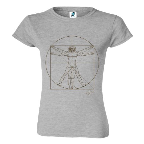 Tricou pentru damă imprimat cu schița Omul Vitruvian de Leonardo da Vinci Tricou gri pentru damă „Omul Vitruvian”