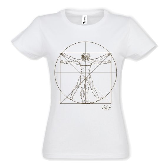 Tricou pentru damă imprimat cu schița Omul Vitruvian de Leonardo da Vinci Tricou alb pentru damă „Omul Vitruvian”