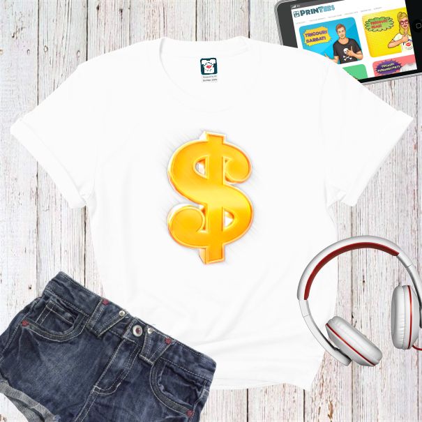 Tricou de damă din bumbac imprimat digital cu grafică reprezentând simbolul monedei dolar