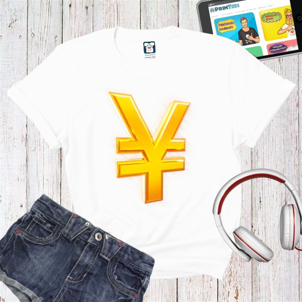 Tricou de damă din bumbac imprimat digital cu grafică reprezentând simbolul monedei Yen japonez