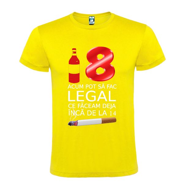 Tricou bărbați pentru aniversarea majoratului cu mesajul: 18 - Acum pot să fac legal ce faceam deja încă de la 15 Tricou bărbați - Legal la 19