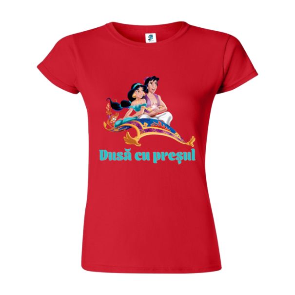 Tricou damă imprimat cu vorba românească. Dusă ci preșul, alături de grafică sugestivă Tricou damă - Dusă cu preșul