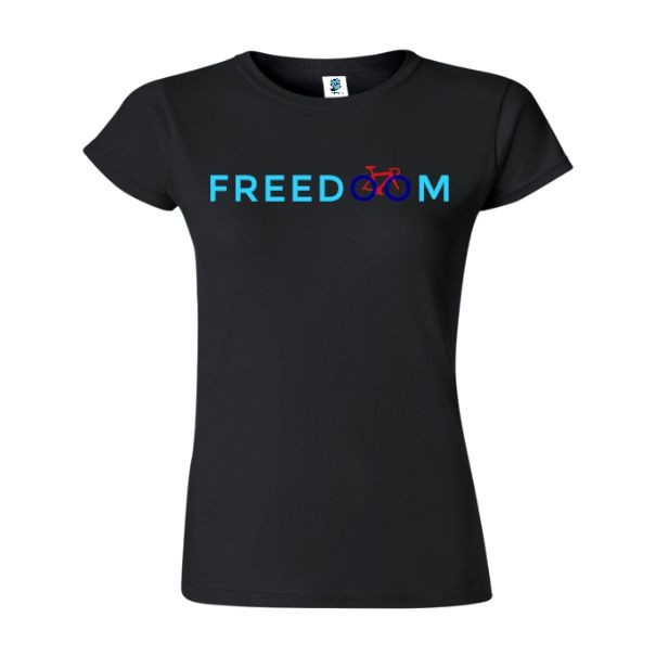 Tricou slim fit din bumbac pentru femei imprimat cu mesajul Freedom alături de o bicicletă stilizată Tricou damă - Freedom Bike