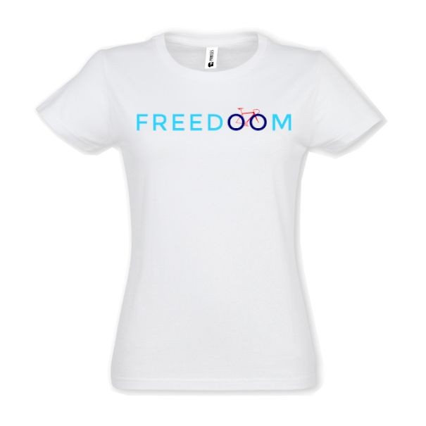 Tricou slim fit din bumbac pentru femei imprimat cu mesajul Freedom alături de o bicicletă stilizată Tricou damă - Freedom Bike