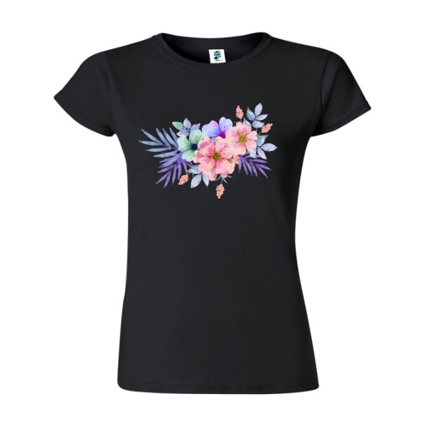 Tricou damă - Flori efect de acuarelă - Negru