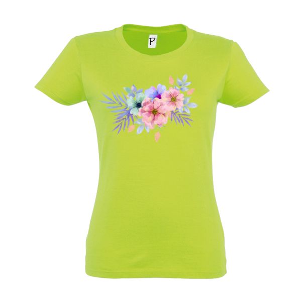 Tricou damă - Flori efect de acuarelă - Verde frunză