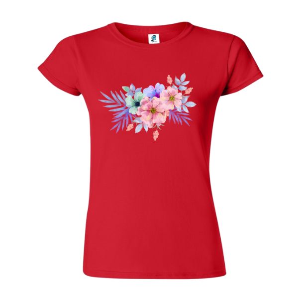 Tricou damă - Flori efect de acuarelă - Roșu